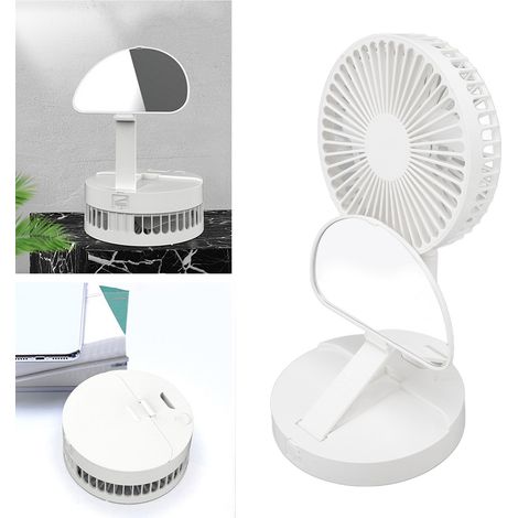 Mini ventilateur de bureau pliable, rechargeable, petit format avec miroir de maquillage intégré, mini ventilateur portable pour dortoir/bureau, ventilateur-miroir 2 en 1, blanc (1/5)