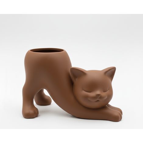 Pot de fleurs marron en forme de chat qui s'étire, pour plantes grasses et cactus. (1/3)
