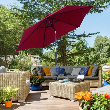 Parasol de jardin avec manivelle, 2,6 m de diamètre, en polyester 180g/m² et aluminium rouge, idéal pour terrasse et marché.