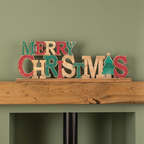 80cm Red and Green Wooden Merry Christmas Table Top Sign (1/5)