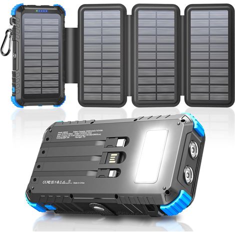 Chargeur Solaire 20000mAh avec 4 Panneaux Solaires, USB C 15 W Charge Rapide, 5 Sorties et 3 Câbles, Batterie Externe Solaire pour l'extérieur avec Mousqueton et Lampes de Poche pour Téléphones (1/5)