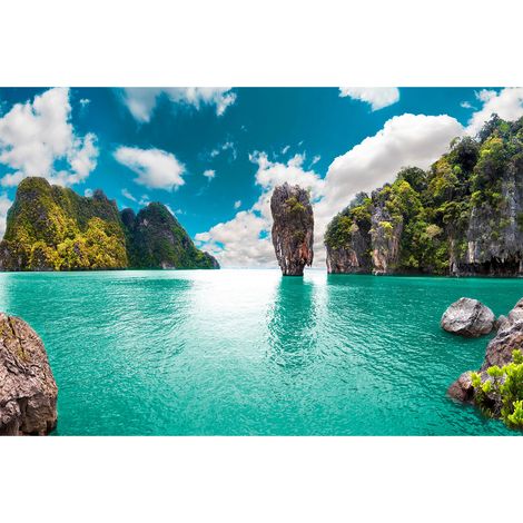 Papier peint panoramique mer pour salle de bain | Tapisserie panoramique paysage turquoise | Papier peint panoramique nature plage - 267 x 400 cm (4 pièces) (1/2)