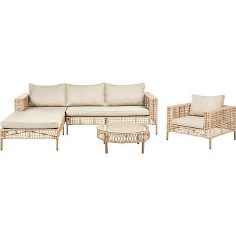 Set da giardino in rattan con tavolino 4 posti a sedere con cuscini beige lato destro Calasetta (1/5)