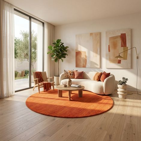 Tapis Gabbeh tissé Tapis Uni - Tapis en laine - 150x150cm, Round - 100% Laine vierge - Tissé main - Orange