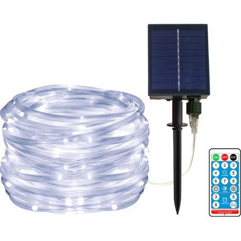Guirlande lumineuse solaire LED de 12 m (40 pi) / 100 LED, avec télécommande, 8 modes de couleurs, fil de cuivre, étanche, idéale pour Noël, mariages, fêtes et extérieur (à piquer ou à fixer au mur). (1/5)