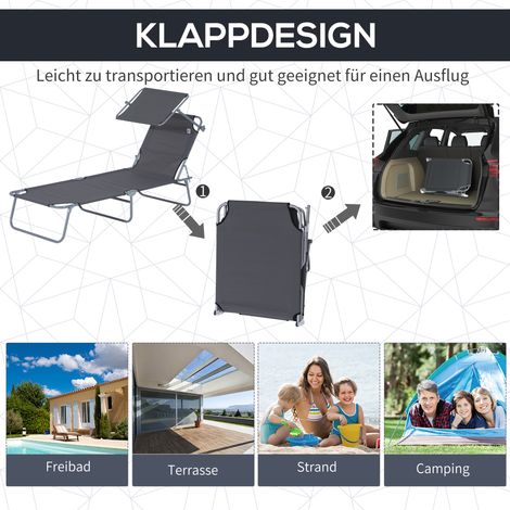 Chaise longue pliable de jardin avec protection solaire, chaise de bien-être à dossier réglable sur 4 positions, transat supportant jusqu'à 120 kg pour jardin, balcon et piscine, 6 couleurs (Gris) (1/5)
