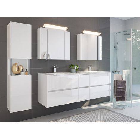 Badmöbelset Taifun 170cm 4tlg mit 2x Spiegelschrank und Seitenschrank weiß Hgl (1/5)
