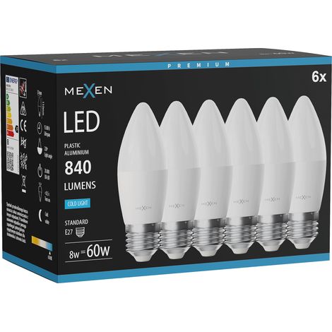Mexen Nova 6x Ampoule LED E27, C37, 8W, Froid - 6500K, 840 lm - L102-E27-0865-01x06 (1/3)