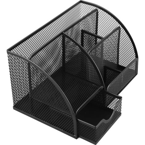 Porte-stylos de bureau en maille, multifonctionnel, en métal, à 7 compartiments avec tiroirs, noir.