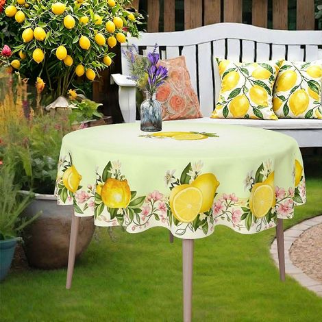 Nappe ronde vert clair à motif citron, 1 pièce, idéale pour une garden-party. Nappe résistante et infroissable pour toutes les occasions. (1/4)