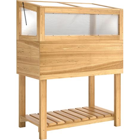 GagaCarré Potager sur Pieds avec Serre en Bois avec Couvercle Relevable, Étagère de Rangement, 80x45x108,5cm, Naturel (1/5)