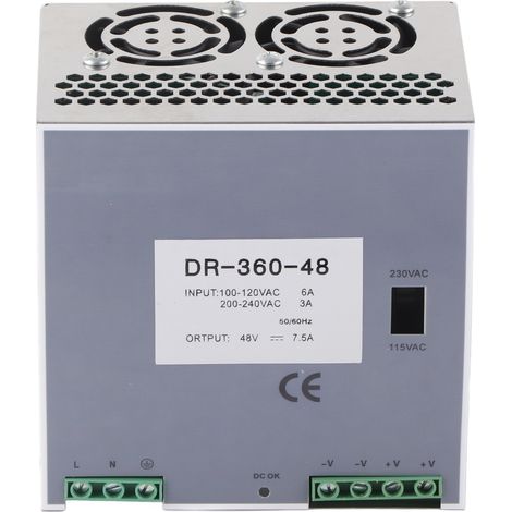 Alimentation 360W 48V CC, convertisseur AC-DC rail DIN, entrée 100-240V, tension universelle, bloc d'alimentation à découpage, montage sur rail, sortie 48 volts, usage industriel. (1/5)