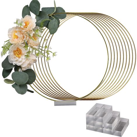 (Set mit 10 Teilen) (Blumen nicht enthalten) 30 cm goldener Metallkranz, Tischdekoration für Hochzeiten, handgefertigtes Accessoire zum Blumenbinden, bemalter Kranz mit Acrylbasis. (1/2)