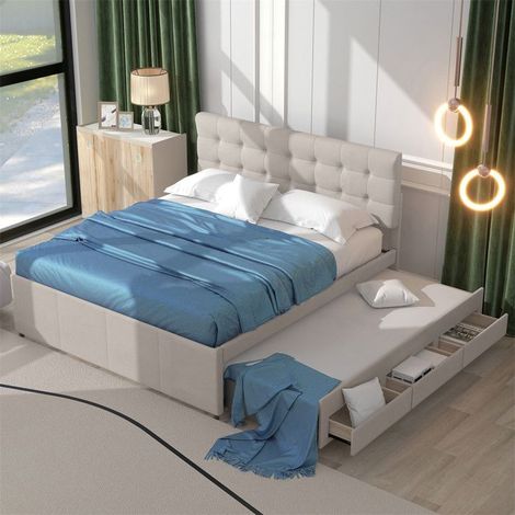 Lit rembourré 140x200 cm en lin beige, 2 places, sommier inclus, lit gigogne à 3 tiroirs — sans matelas