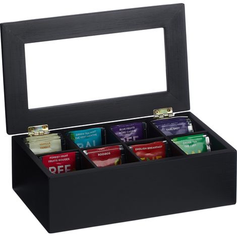 Relaxdays Tea Box, 8 Compartments, Bamboo, HBT: 9x28x16 cm, Tea & Coffee Pods, Tea Box with Lid, Dust Protected, Black (1/5)