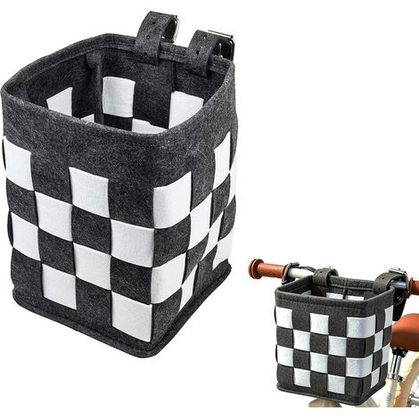 Fahrradkorb aus grau-weiß kariertem Filz 15x15x20 cm, abnehmbarer Fahrradkorb aus weichem Geflecht mit verstellbaren Trägern für Kinderfahrräder und Laufräder (1/5)
