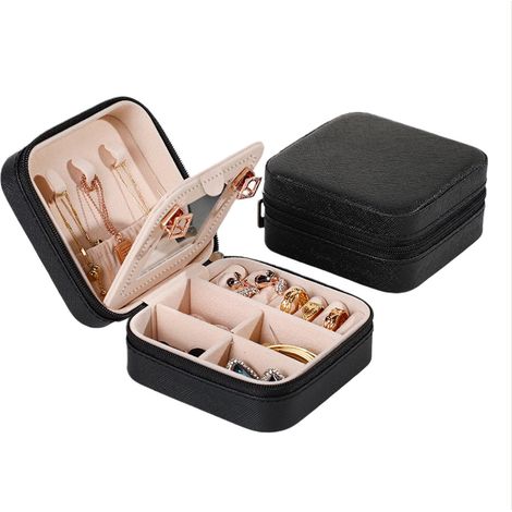 Boîte à bijoux avec miroir, organisateur de bijoux à motif croisé, idéal pour ranger boucles d'oreilles, bagues et colliers, noir. Une pièce. (1/5)