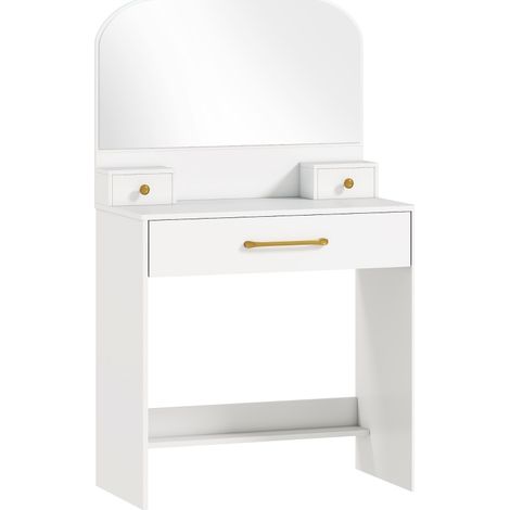 Coiffeuse compacte blanche avec miroir incurvé et 3 tiroirs, 80 x 40 cm (1/5)