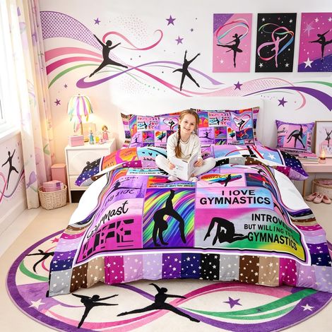 Parure de lit avec housse de couette sur le thème des sports de gymnastique pour filles housse de couette légère avec 2 taies d'oreiller pour décoration de chambre de fille pour lit double (1/5)