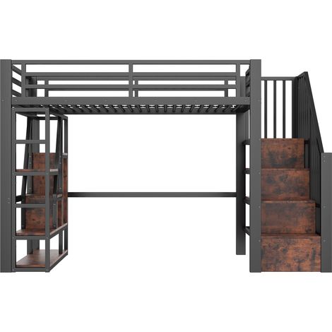 Lit mezzanine, 90 x 200 cm, cadre en fer, tablette de rangement, escalier intégré, garde-corps de protection, échelle, avec bande lumineuse LED, espace de rangement ouvert sous le lit, matelas non inc (1/5)