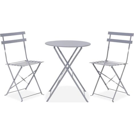 Set bistrot - Ensemble repas de jardin - Table pliante Diam.60 cm + 2 chaises - Acier thermolaqué - Gris (1/9)