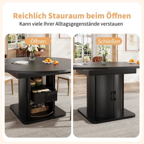 Ensemble table à manger moderne 5 pièces, salle à manger avec table extensible et 4 chaises grises en lin pour 4-6 personnes, table de cuisine avec tiroirs, chaises noires, mobilier repas contemporain (1/5)