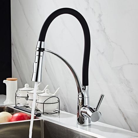 Kitchen Faucet, Flexible 360° Swivel Spout and Black Silicone Hose Kitchen Mixer Tap, with Pull-Out Spray and Dual Function Sprayer, Cold & Hot Available, Brass Chro (1/5)