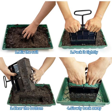 1 Blocleur de terre pour semis : outil manuel à 4 cellules et moule de 2 pouces, adapté à la culture de semis en jardin, pour plantes d'intérieur, extérieur ou serre. (1/4)