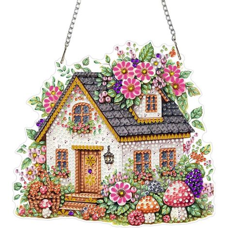 Diamond Painting Anhänger Set Bunte Blumen Cottage Fensterbild mit Kette
