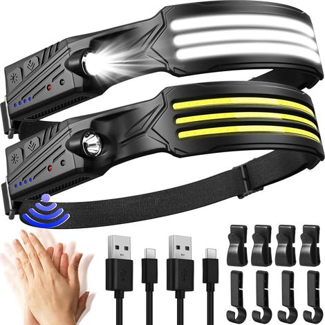 Lampe Frontale LED Ultra Puissante,2 Pièces 3000 Lumens Super Lumineux 230° 3LED Torche Frontale Rechargeable,Étanche IPX5 Capteur De Mouvement 0.14lb léger,Pour Pêche,Camping,Cyclisme