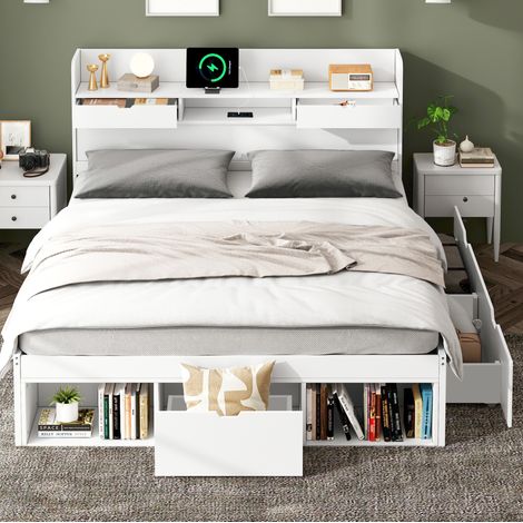 Letto matrimoniale 140x200 cm, con USB e Type-C, cassetti e armadi contenitore, in pino e MDF, bianco, senza materasso (1/5)