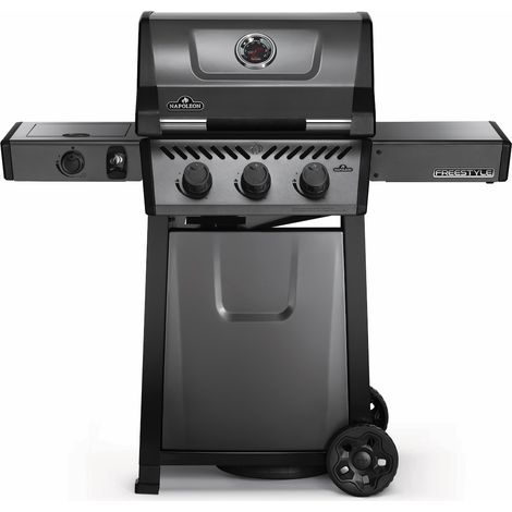 Napoleon – Barbecue à gaz 3 brûleurs en acier inoxydable – Réchaud intégré – Thermomètre – Grilles en fonte émaillée Wave – Mobilité avec roues (1/10)