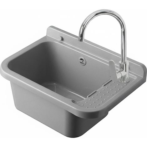 Lavatoio in resina 50x34 grigio con miscelatore a canna alta inox e scarico incluso