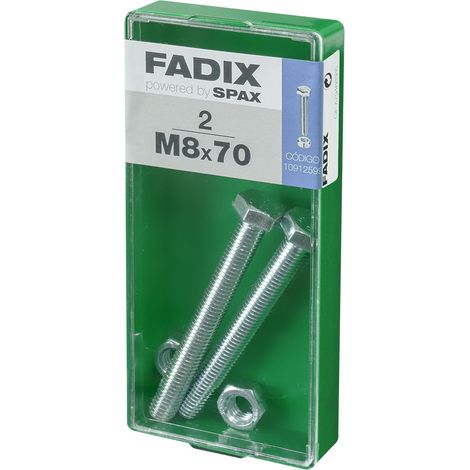 Caja de 2 unidades de tornillo métrico con cabeza hexagonal y tuerca en cinc M 8x70mm Fadix (1/2)