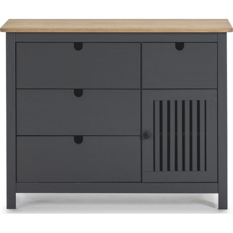 Commode en pin massif décor ciré gris anthracite et chêne, meuble de rangement - Longueur 100 x Profondeur 40 x Hauteur 80 cm -PEGANE- (1/5)