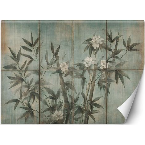 Fototapete Bambussprossen mit Blumen auf einem strukturierten Hintergrund 100x70 cm