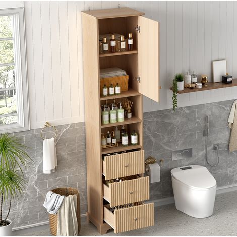 Badmöbel Hochschrank modern in Naturholzoptik MDF 40x30x172 cm, 3 Schubladen, 1 Tür, 2 offene Fächer (1/5)