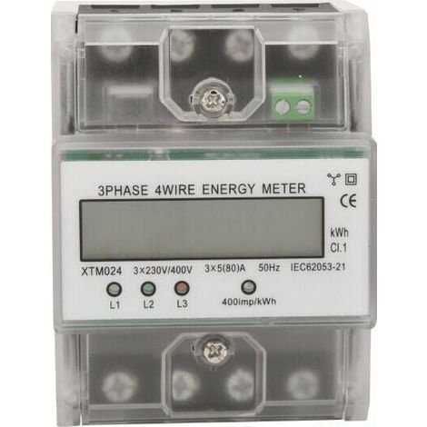 Contador de energía trifásico 4 hilos 220/380V 5-80A Consumo de energía kWh Contador Instalación carril DIN Contador de electricidad digital con pantalla LCD retroiluminada, modelo: Transparente (1/5)
