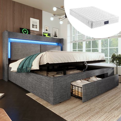 Cama doble con almacenamiento LED y carga gris OKMYHOME (1/5)