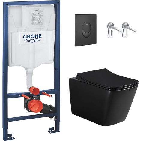 Grohe Pack WC Bâti-support Rapid SL + WC Square Infinitio sans bride noir mat + Abattant softclose + Plaque noire mat