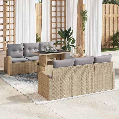 Conjunto de sofá de jardín 7 pcs Beige Rattan de Poliéster vidaXL (1/5)