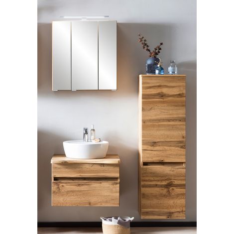 Badezimmer Möbel Set VIDAGO-03 in Wotan Eiche Nb. mit Waschtischplatte in Baumkanten Optik und LED Beleuchtung, B/H/T: ca. 116/200/52 cm (1/5)