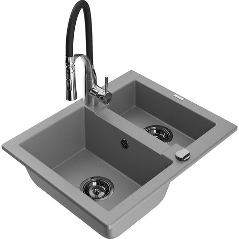 Mexen Carlos fregadero de granito 1,5 cubetas con grifo de cocina Aster, gris - 6518-71-73450-07-B (1/5)
