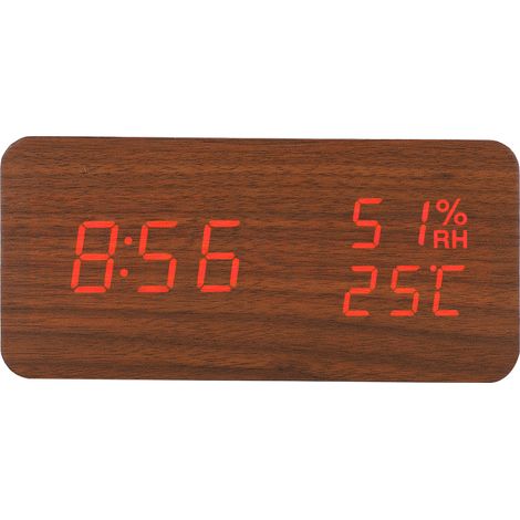 Réveil de bureau rectangulaire en bois marron avec commande vocale et éclairage LED rouge