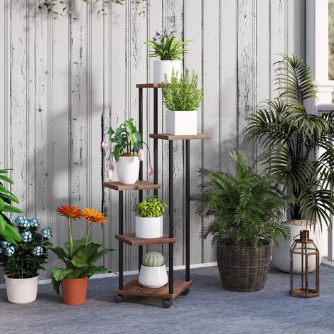 Supporto per fiori a 5 livelli, supporto per piante a 5 gradini, design sfalsato, facile da spostare, legno, acciaio