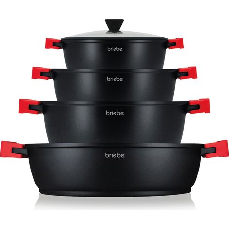 Briebe BLACKT4B Batterie de Cuisine Induction 8 Pièces Aluminium Fonte 4 Casseroles 4 Couvercles Noir (1/5)
