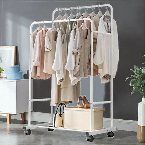 unho Kleiderständer auf Rollen, Garderobe Metall Wäscheständer Garderobenständer mit 2 Kleiderstange und 1 Ablage, für Laden Schlafzimmer Ankleidezimmer, weiß