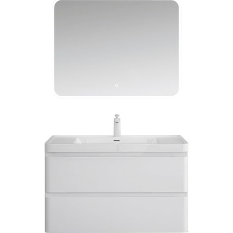 Mai & Mai Mobile Bagno Sospeso 90x48x50cm con Lavabo in Marmo fuso, Mobiletto da Bagno con 2 Cassetti di Chiusura Soft-close, Mobile sospeso Lavandino Bagno Bianco, Lucca (1/5)