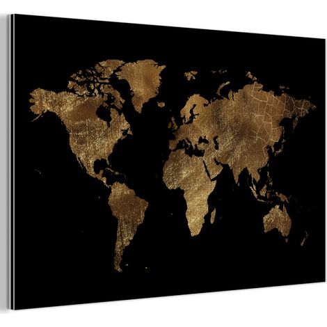 TABLEAU EN MÉTAL Carte du monde - Or - Luxe - Terre - Noir Décoration Murale 120x80