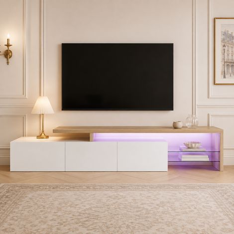 TV-Lowboard 200 cm, modernes zweistufiges Design mit RGB-LED, Wohnzimmer-TV-Schrank mit 3 Türen und Glasablagen, Weiß (1/5)